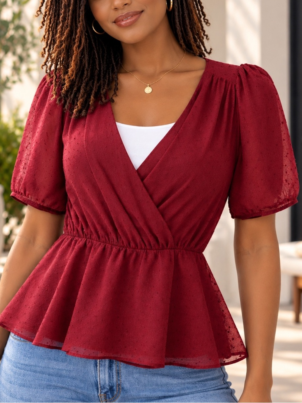 Elegant Deep Red Wrap Blouse